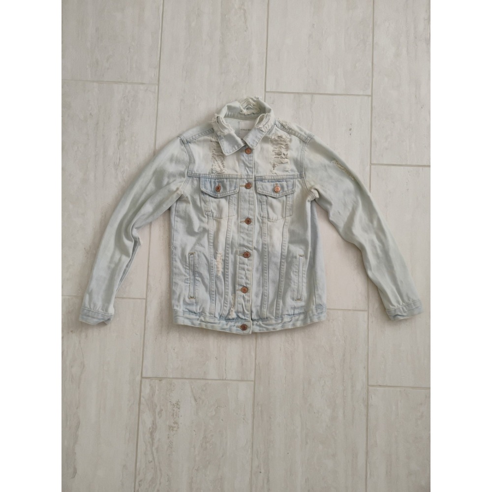 Thread & Supply Women Small Light Wash Blue Distressed Denim Trucker Jacket Y2K